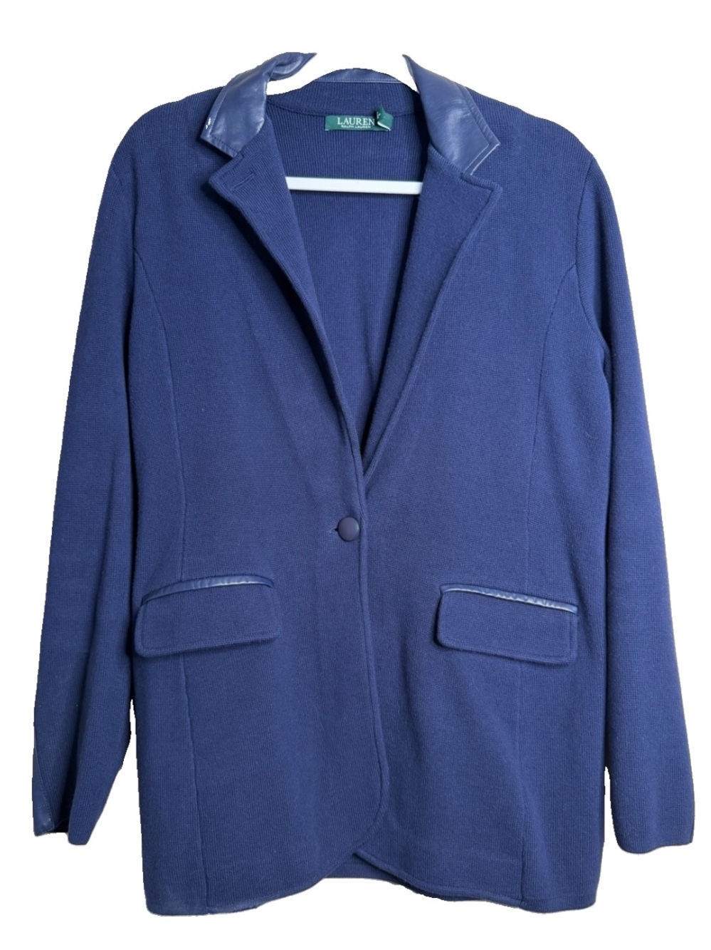 Lauren Ralph Lauren Knit Sweater Blazer Size L Navy Elbow Panel Trim Jacket